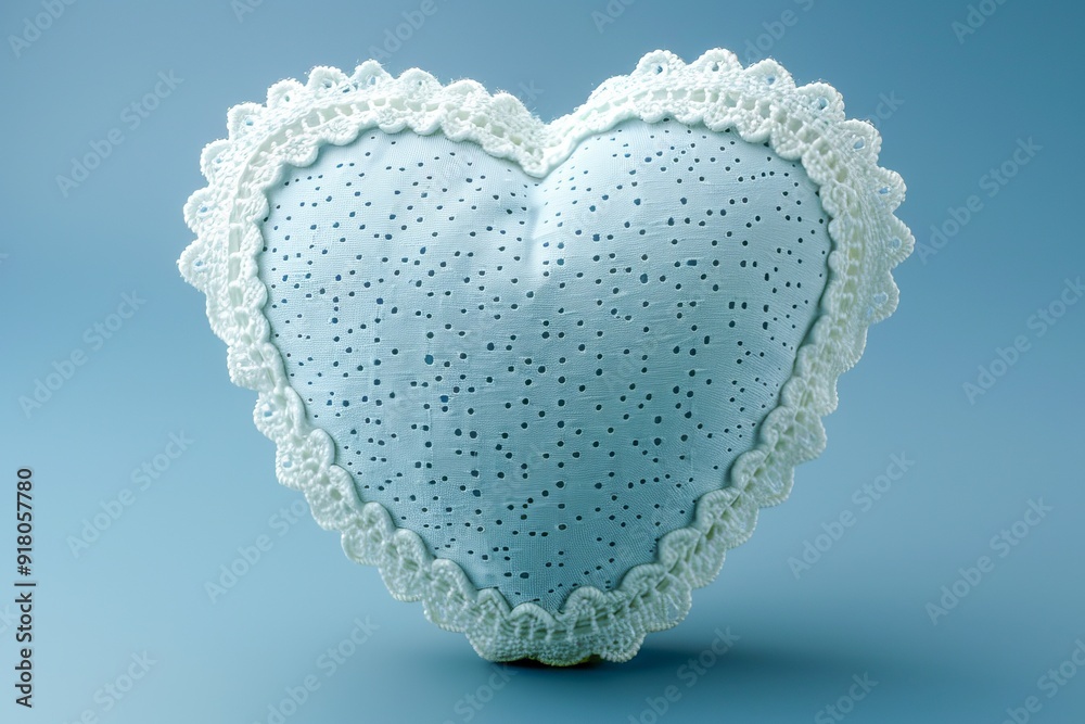 Blue heart shaped pillow with white lace border standing on blue background Blue heart shaped pillow with white lace border standing on blue background