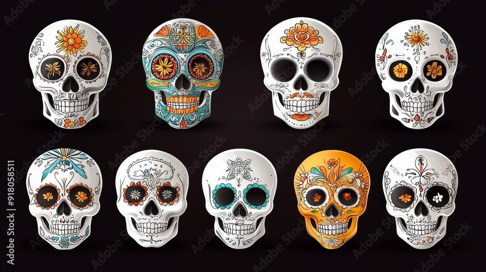 set of skulls with floral ornames set of skulls with floral ornames