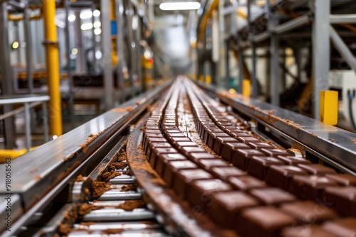 Conveyor belt with chocolate. Chocolate candies moving on conveyor belt. Conveyor production at chocolate factory. Focus on chocolate bar, candy production facility.