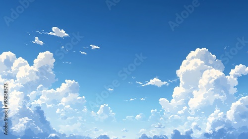 A clear blue sky with a few fluffy white clouds drifting lazily across the horizon photo