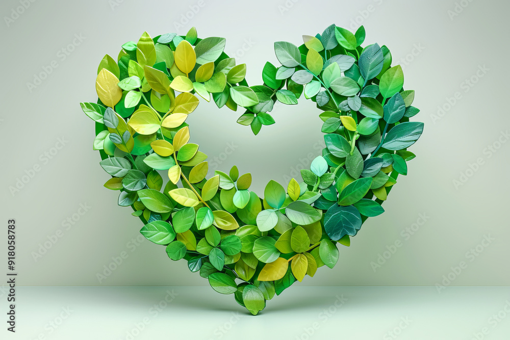 Green leaves creating a heart shape on green background Green leaves creating a heart shape on green background