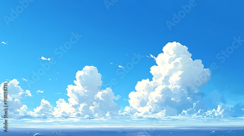 A clear blue sky with a few fluffy white clouds drifting lazily across the horizon photo