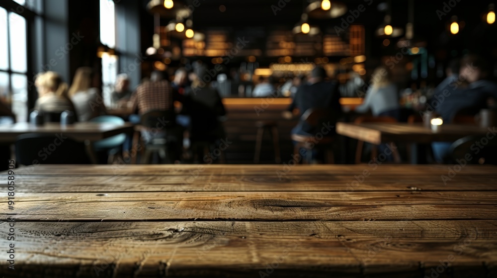 Dining setting in a bustling restaurant during the evening, showcasing wooden tables and patrons enjoying their meals Dining setting in a bustling restaurant during the evening, showcasing wooden tables and patrons enjoying their meals