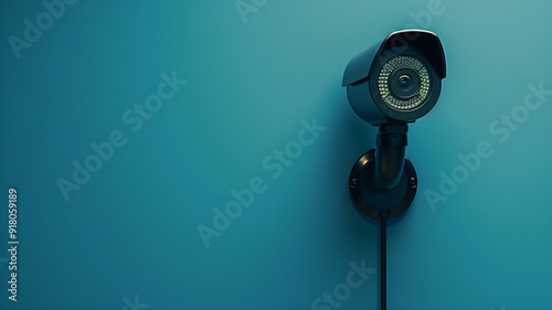 A sleek black CCTV camera against a plain blue background