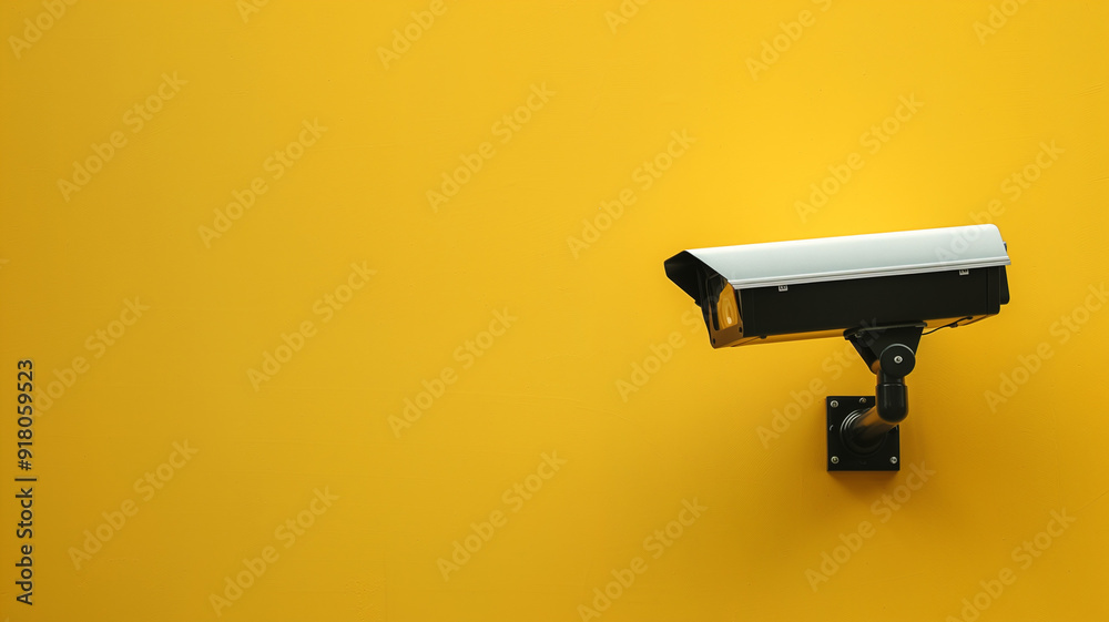 A sleek black CCTV camera against a plain yellow background blending security with modern design A sleek black CCTV camera against a plain yellow background blending security with modern design