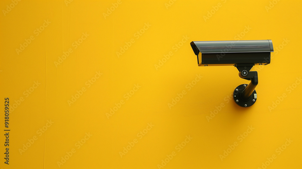 A sleek black CCTV camera against a plain yellow background blending security with modern design A sleek black CCTV camera against a plain yellow background blending security with modern design