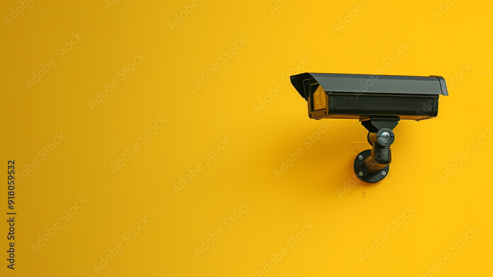 A sleek black CCTV camera against a plain yellow background blending security with modern design A sleek black CCTV camera against a plain yellow background blending security with modern design