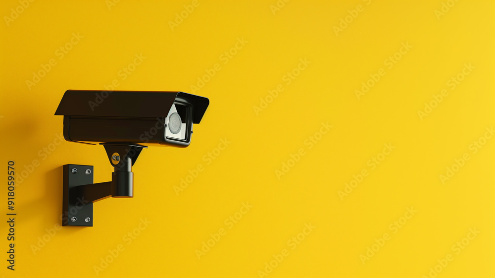 A sleek black CCTV camera against a plain yellow background blending security with modern design A sleek black CCTV camera against a plain yellow background blending security with modern design