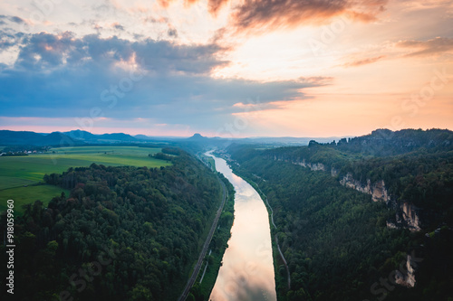 aerial view on river elbe in saxon switzerland