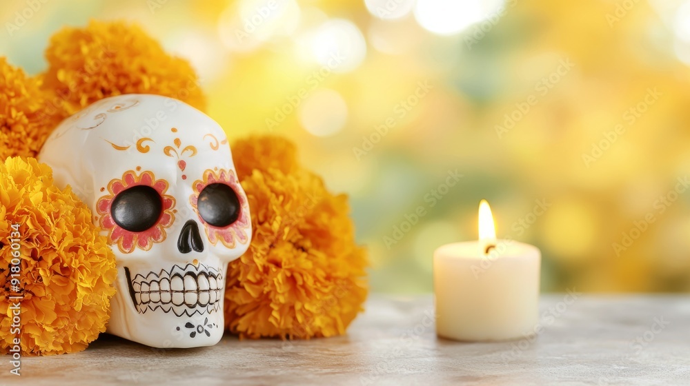 a skull with candle and flowers