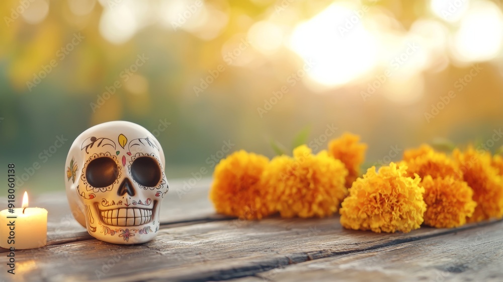 a skull with candle and flowers a skull with candle and flowers