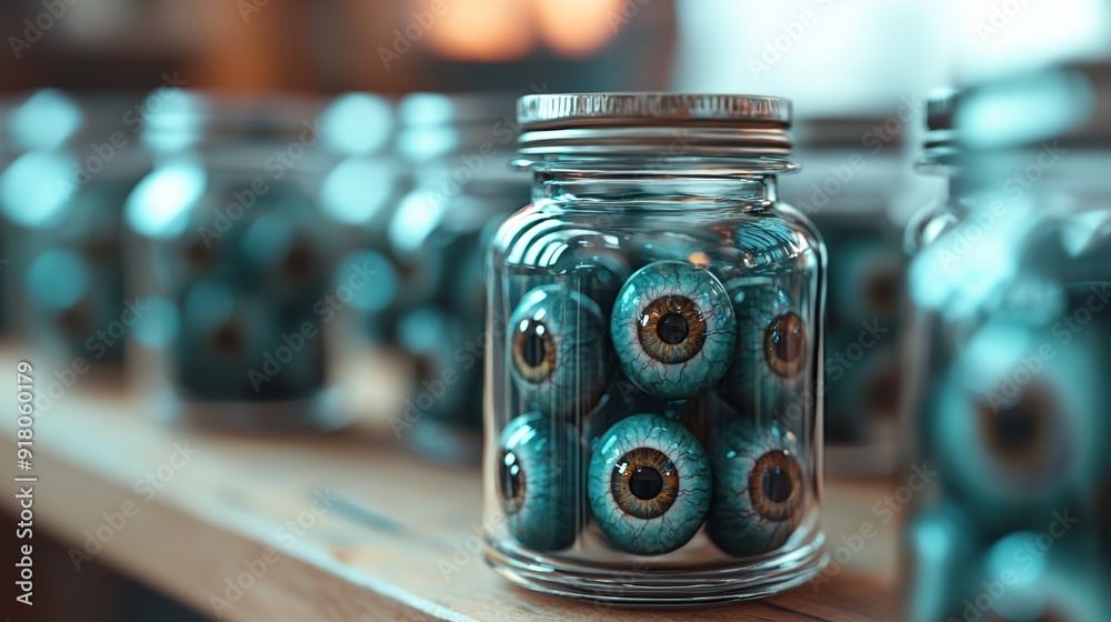 a glass jar filled with blue eyeballs