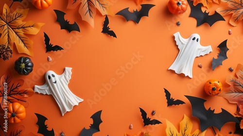 A festive Halloween arrangement featuring ghost figure and black bats set against orange background photo