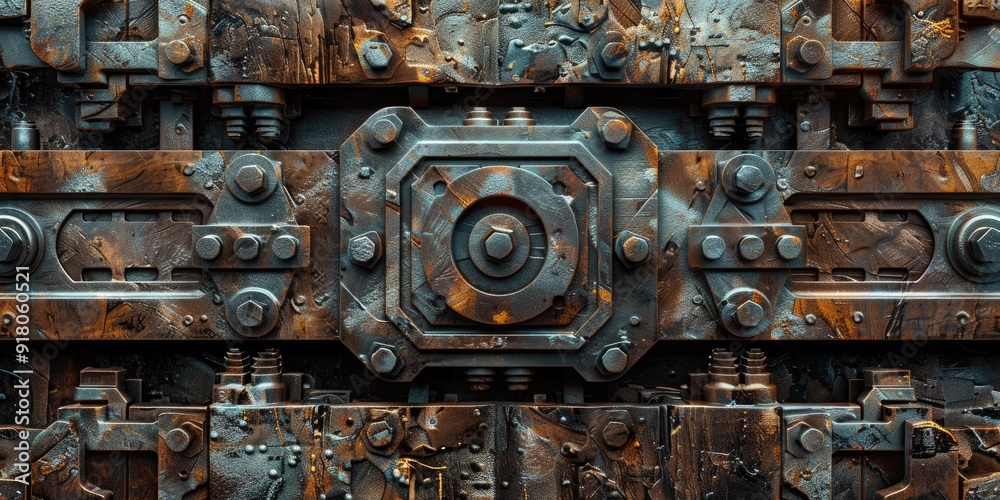 Rusty metal panel with bolts and gears. Rusty metal panel with bolts and gears.