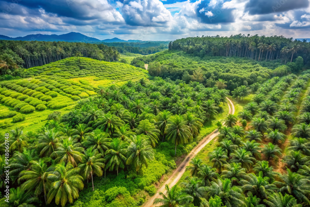 Lush green rainforest gives way to cleared land and oil palm trees, highlighting the devastating impact of deforestation on the environment. Lush green rainforest gives way to cleared land and oil palm trees, highlighting the devastating impact of deforestation on the environment.