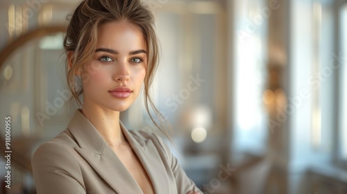 Young woman with brown hair wearing a beige blazer poses confidently in a softly lit modern interior