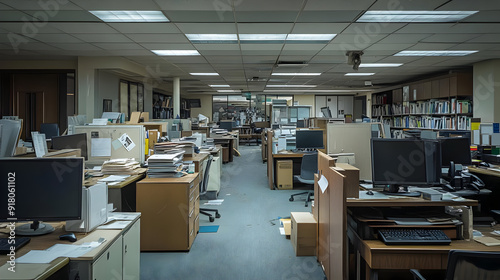 Fototapeta Naklejka Na Ścianę i Meble -  Abandoned office space with desks and computers.