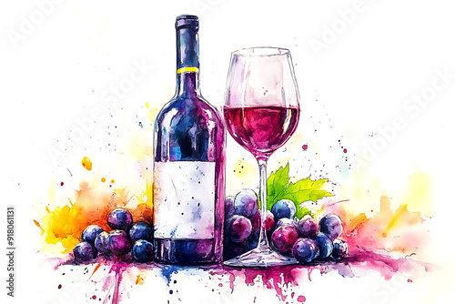 artistic illustration of alcohol drink, wine bottle and glass, drawing by watercolor and ink, hand drawn illustration