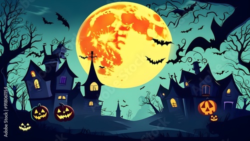 Well-Balanced Halloween Banner with Crescent Moon and Haunted Houses