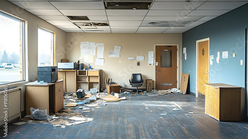 Abandoned office with debris and a damaged ceiling.
