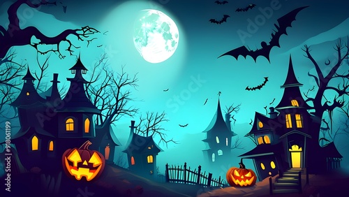 Mysterious Halloween Banner Featuring Haunted Houses and Clear Central Space