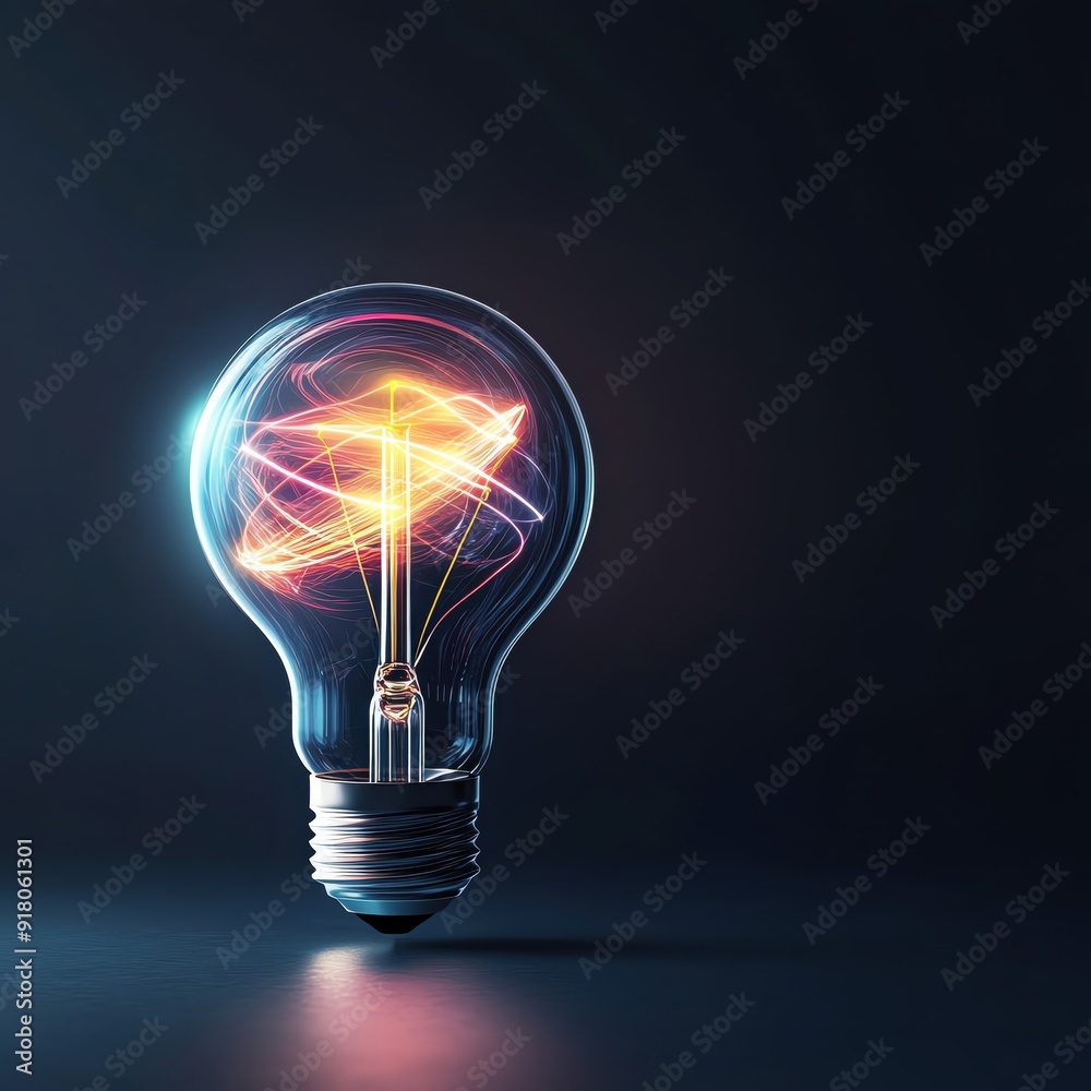 A glowing light bulb with vibrant energy flow, exemplifying creativity and innovation in a dark background.