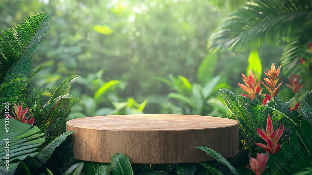 Empty round wooden podium, Relaxing spring green nature forest background, Cosmetics, Perfumes and product display, Promote organic healthy products, Copy space Empty round wooden podium, Relaxing spring green nature forest background, Cosmetics, Perfumes and product display, Promote organic healthy products, Copy space