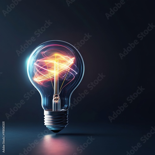 A glowing light bulb with vibrant energy flow, exemplifying creativity and innovation in a dark background.