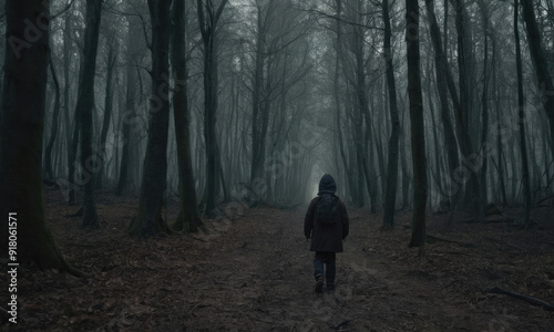 A solitary figure is seen walking down a misty forest path, shrouded in fog, and surrounded by tall, leafless trees in an eerie and mysterious atmosphere.