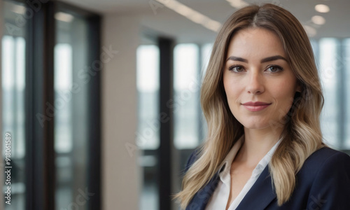 A confident woman dressed in a navy blazer stands with a composed expression in a modern office setting, characterized by glass windows and sophisticated design.