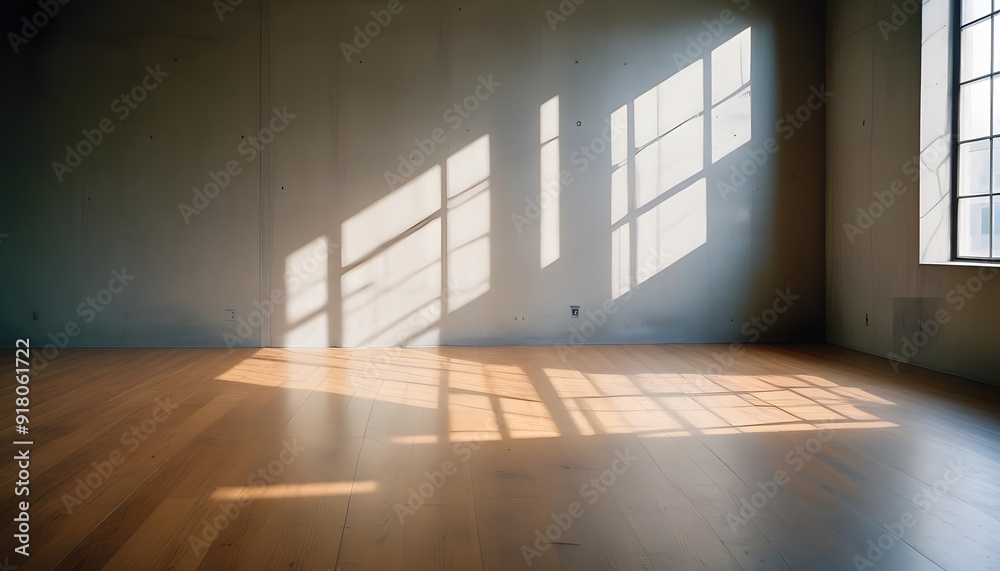 A blank wall and floor in a Livingroom with sunlight streaming through a window, casting shadows on the floor
