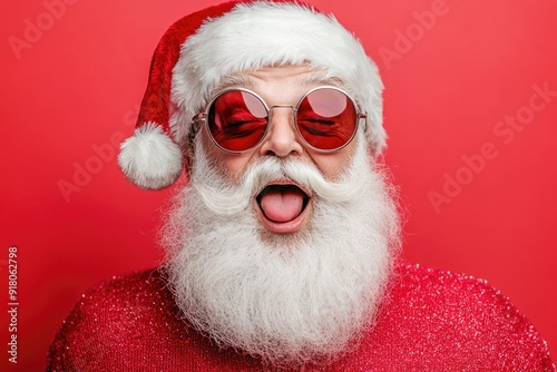 Christmas Closing. Santa Claus Closing Mouth in Surprise, Celebrating Christmas in Vibrant Red Background