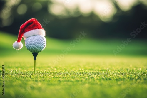 Christmas Golf. Santa Hat on Tee for Holiday Season on Golf Course Background