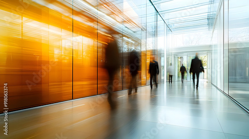 Blurred figures walking through a modern glass hallway.