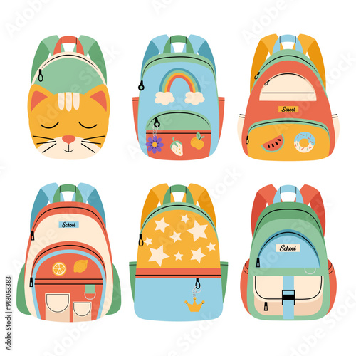 School bag set. Children's backpack with different fruit pins in flat style on a white background. Bag for hiking, traveling. Stylish accessory.