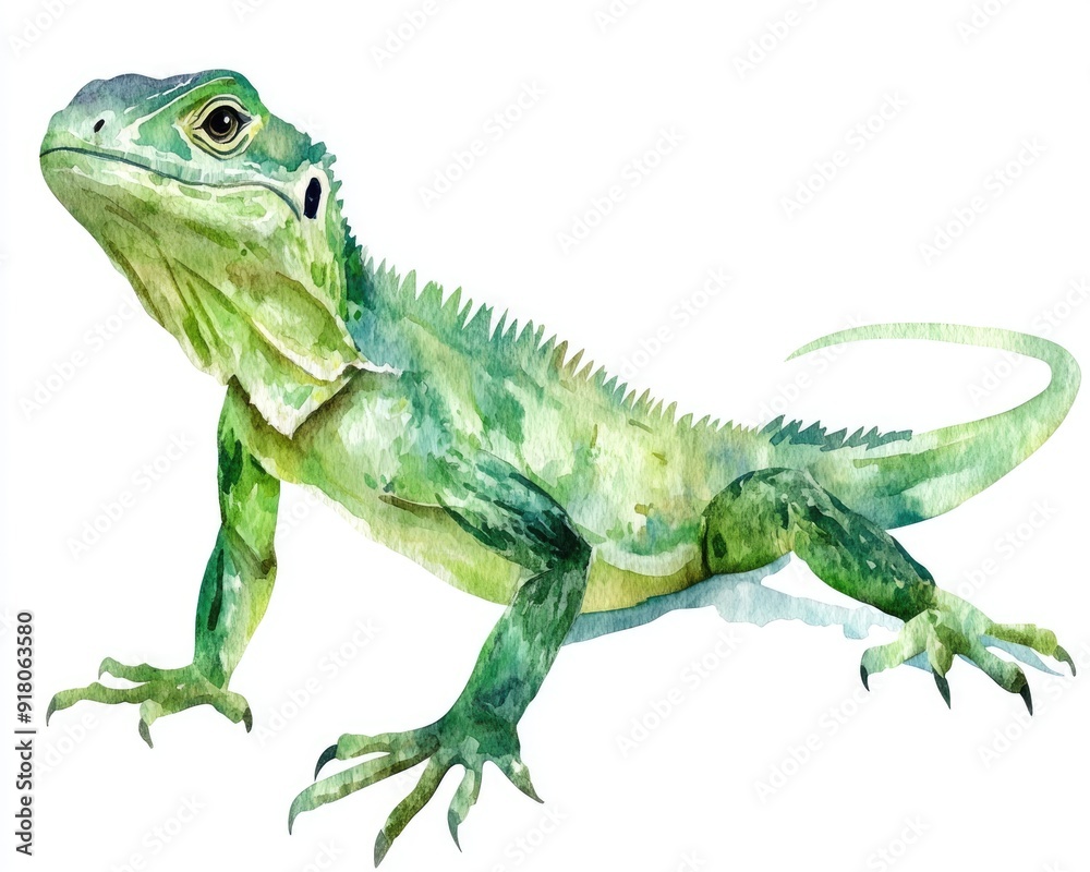 Fototapeta premium Closeup Watercolor Lizard Isolated on White Background. Exotic Tropical Island Dragon in Green Colors