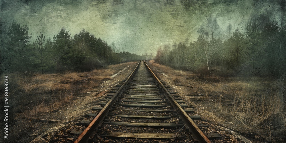 Lonely train tracks through a dark forest. Lonely train tracks through a dark forest.