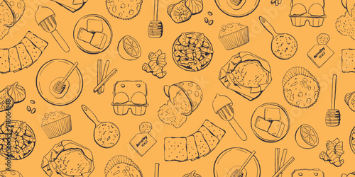 Hand Drawn Outline Cupcake Cooking Seamless Vector Pattern in Vintage Style