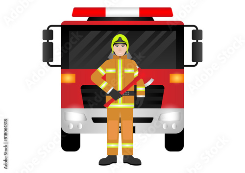 Firefighter Standing near Fire Truck. Vector Illustration.