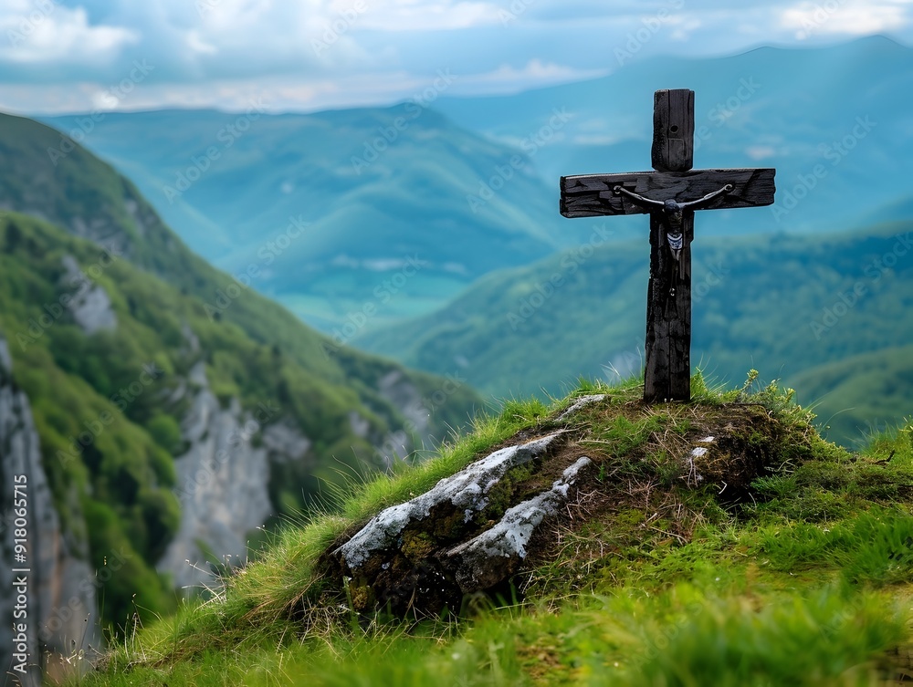 Solitary Cross on a Hilltop Overlooking a Peaceful Valley Landscape Solitary Cross on a Hilltop Overlooking a Peaceful Valley Landscape