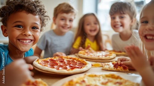 Happy kids enjoying a pizza meal