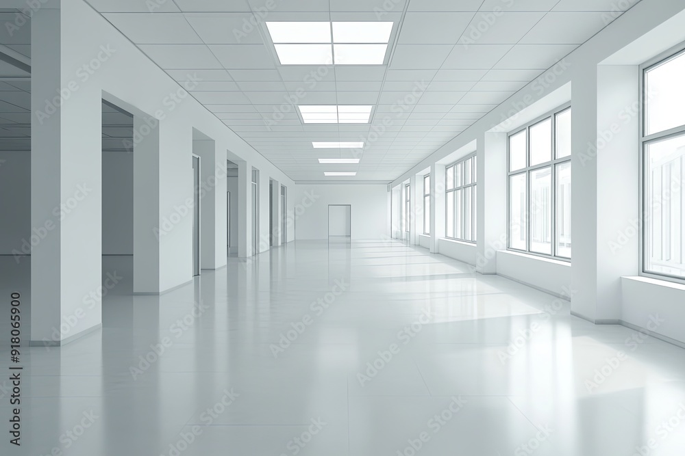 Bright, empty white office space with large windows allowing natural light to fill the room. Generative AI Bright, empty white office space with large windows allowing natural light to fill the room. Generative AI