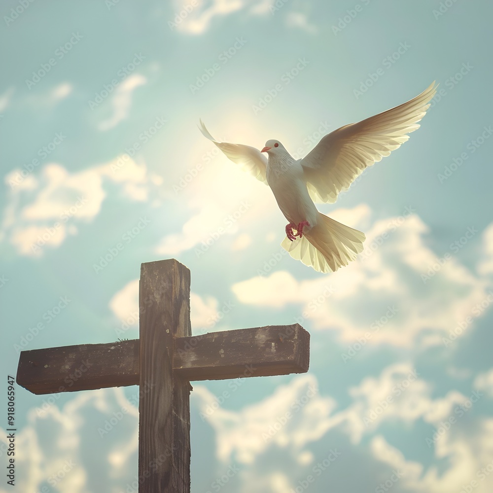 Dove Flying Above Cross Symbol of Peace and Hope in the Sky