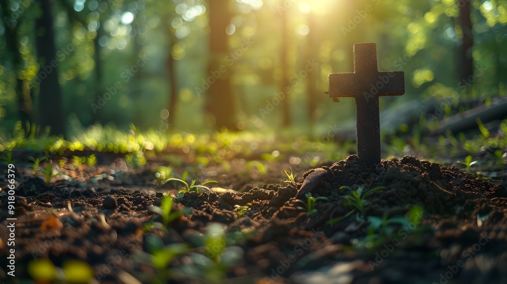 Cross in a Serene Forest Clearing with Sunlight and Shadows Religious Symbol in Natural Landscape Cross in a Serene Forest Clearing with Sunlight and Shadows Religious Symbol in Natural Landscape