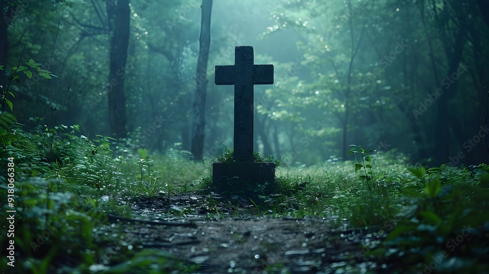 Serene Cross in a Forest Clearing Natural and Spiritual Concept with Copy Space Serene Cross in a Forest Clearing Natural and Spiritual Concept with Copy Space
