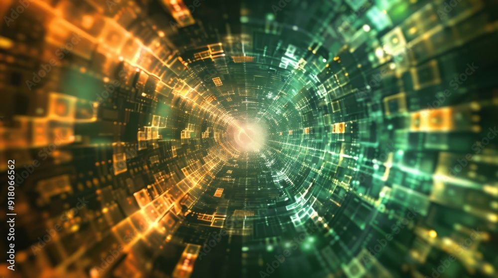 An abstract digital tunnel with glowing green and orange cubes, creating a dynamic sense of depth and movement. The vibrant colors and intricate patterns converge towards a bright center An abstract digital tunnel with glowing green and orange cubes, creating a dynamic sense of depth and movement. The vibrant colors and intricate patterns converge towards a bright center
