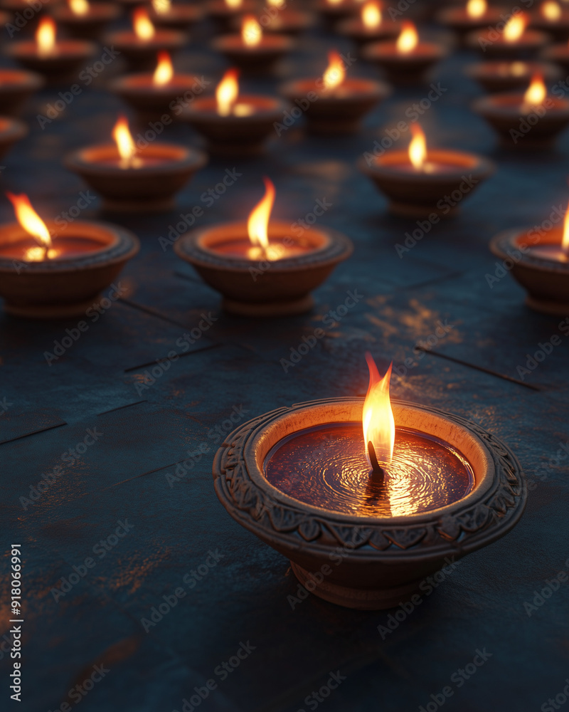 Numerous Lit Diyas Creating a Pattern on Dark Floor Numerous Lit Diyas Creating a Pattern on Dark Floor