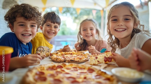 Happy kids enjoying pizza together