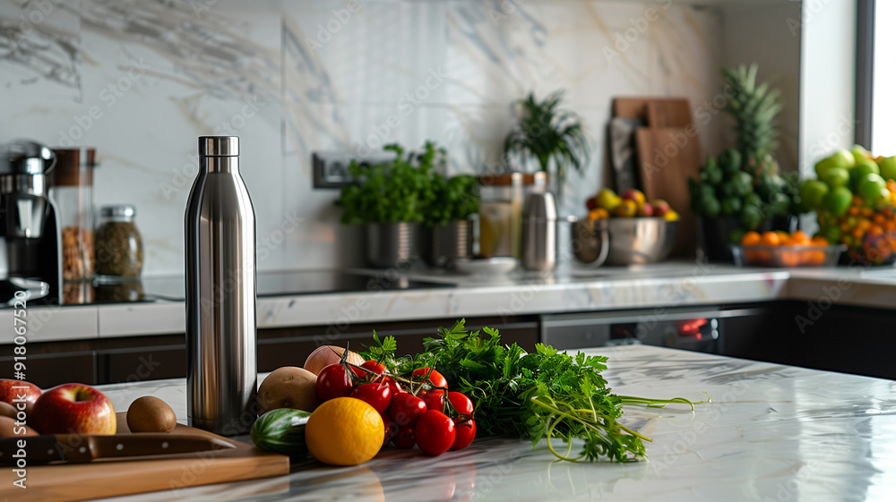 A sleek modern food-grade water bottle placed on a stylish kitchen countertop surrounded by fresh fruits and vegetables A sleek modern food-grade water bottle placed on a stylish kitchen countertop surrounded by fresh fruits and vegetables
