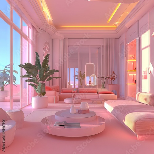 A living room with pink walls and furniture. Generative AI photo